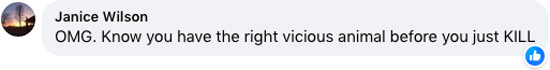 Facebook screenshot of comment: OMG. Know you have the right vicious animal before you just KILL