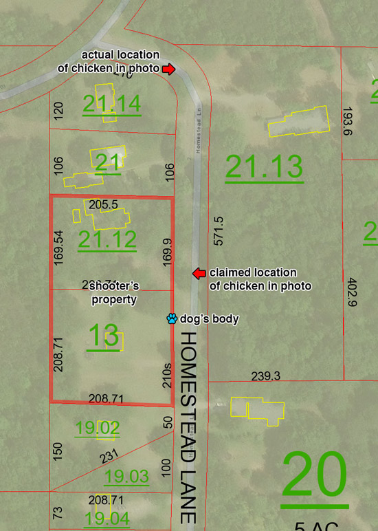 Map image which shows Homestead Lane, the shooter's property, the location of the dog's body, the location of the chicken in Hayden Shirley's photo according to Shirley's claims, and the actual location of the chicken in the photo, which is three houses away from the claimed location.