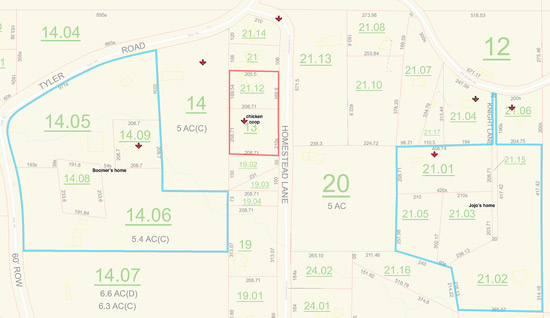 Map of a much larger area which includes Tyler Road, Homestead Lane, and Old Knight Rd, Remlap, Alabama. The map includes a small area outlined in red to indicate Shirley's property, areas several times as large to indicate the two killed dogs' properties, and stars on both of the dogs' properties and also scattered on other areas of the map indicating locations where Shirley's chickens have been found.